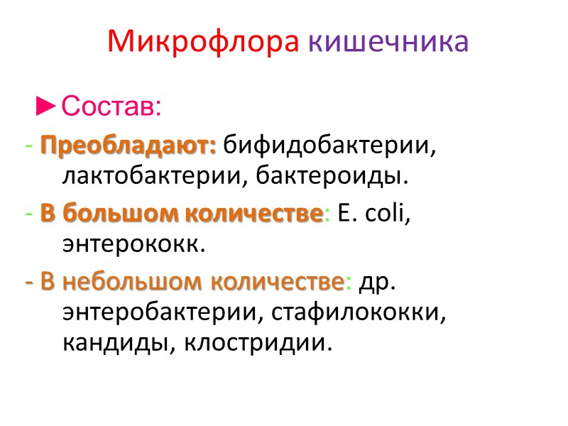 Микрофлора кишечника   ►Состав: - Преобладают: бифидобактерии, лактобактерии, бактероиды. - В большом количестве: